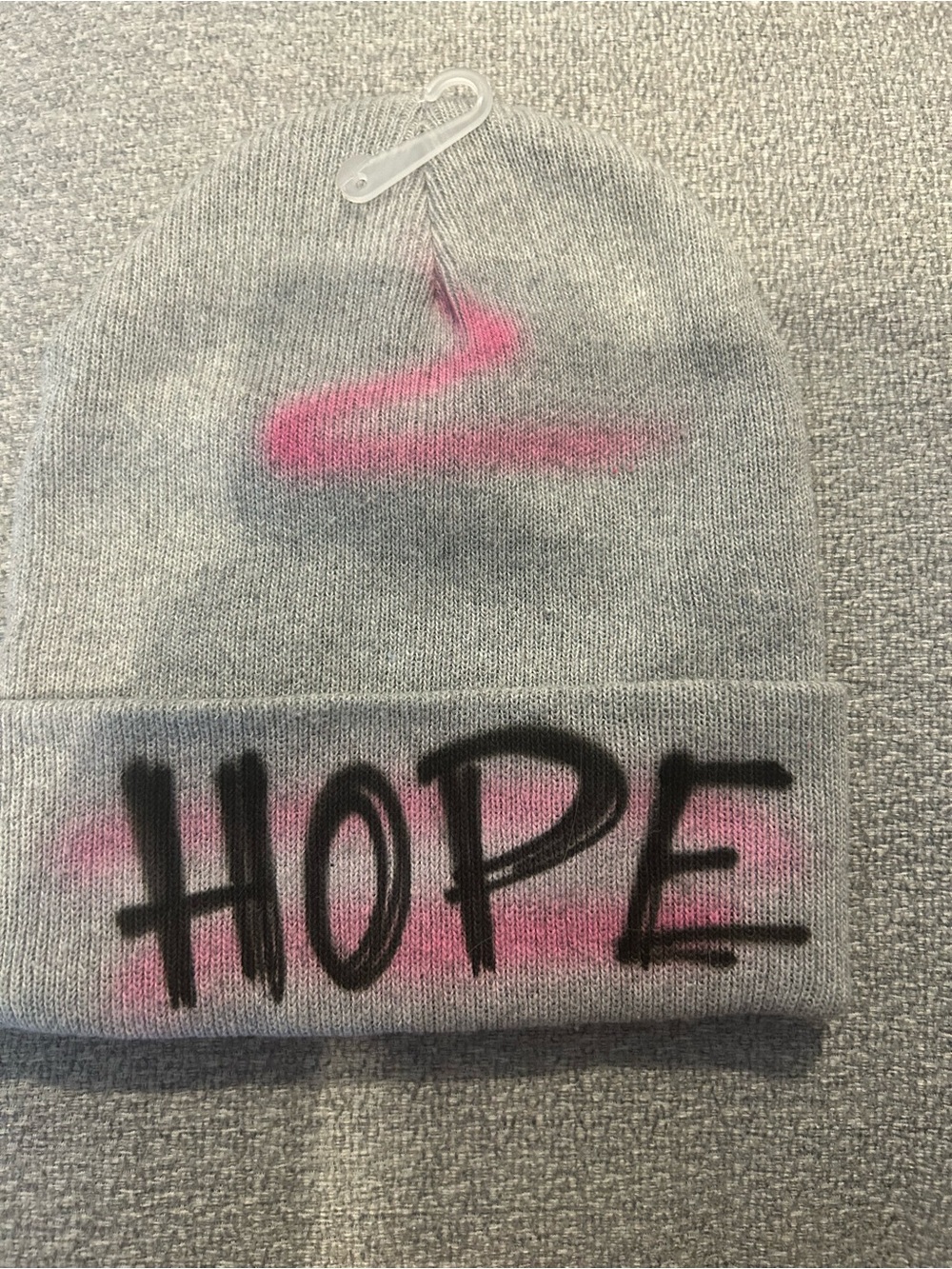 Gray Beanie with Pink Spray and "HOPE" Graffiti